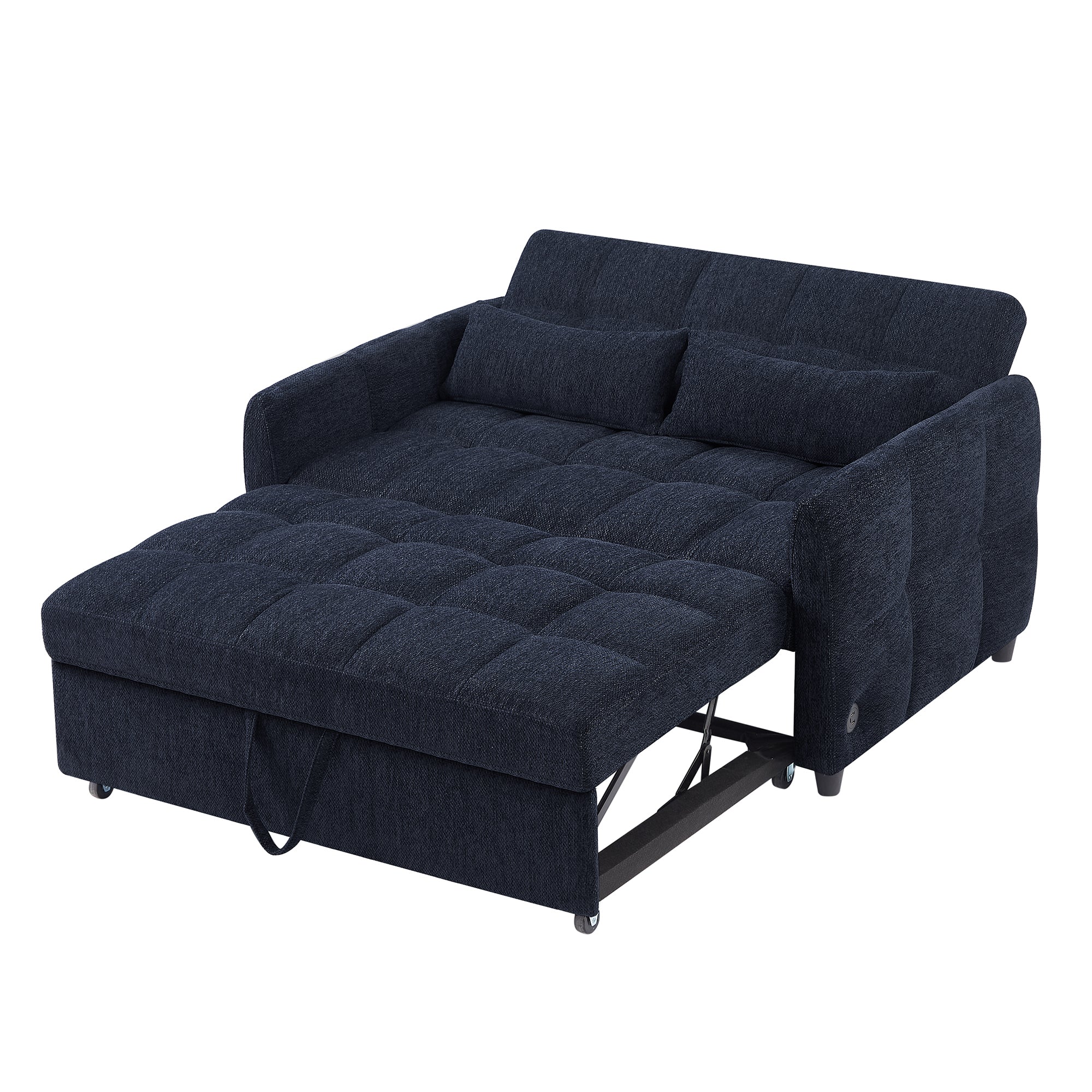 52.8 Loveseat Sofa Pull-out Sofa Bed Tufted Sleeper Sofa with an Adjustable Backrest, Three USB Ports and Two Lumbar Pillows for Living Room, Blue