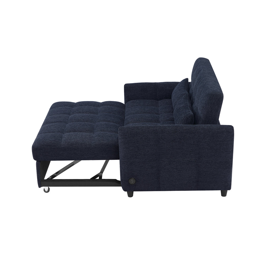52.8 Loveseat Sofa Pull-out Sofa Bed Tufted Sleeper Sofa with an Adjustable Backrest, Three USB Ports and Two Lumbar Pillows for Living Room, Blue