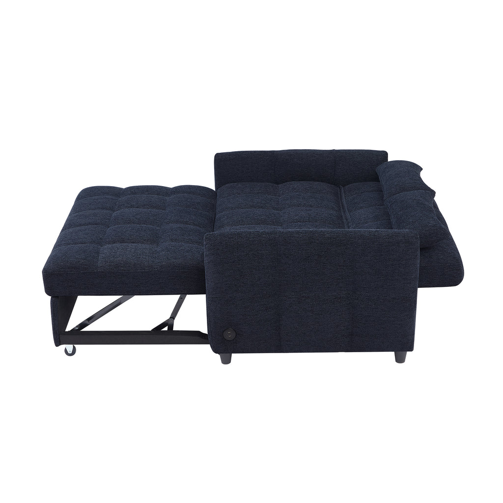 52.8 Loveseat Sofa Pull-out Sofa Bed Tufted Sleeper Sofa with an Adjustable Backrest, Three USB Ports and Two Lumbar Pillows for Living Room, Blue