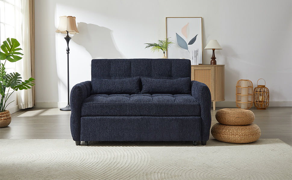 52.8 Loveseat Sofa Pull-out Sofa Bed Tufted Sleeper Sofa with an Adjustable Backrest, Three USB Ports and Two Lumbar Pillows for Living Room, Blue