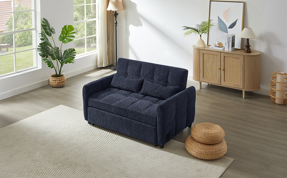 52.8 Loveseat Sofa Pull-out Sofa Bed Tufted Sleeper Sofa with an Adjustable Backrest, Three USB Ports and Two Lumbar Pillows for Living Room, Blue