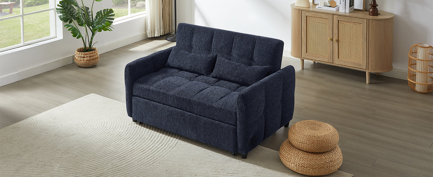52.8 Loveseat Sofa Pull-out Sofa Bed Tufted Sleeper Sofa with an Adjustable Backrest, Three USB Ports and Two Lumbar Pillows for Living Room, Blue