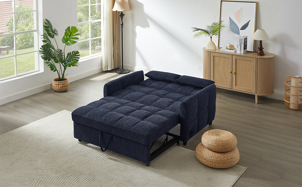 52.8 Loveseat Sofa Pull-out Sofa Bed Tufted Sleeper Sofa with an Adjustable Backrest, Three USB Ports and Two Lumbar Pillows for Living Room, Blue