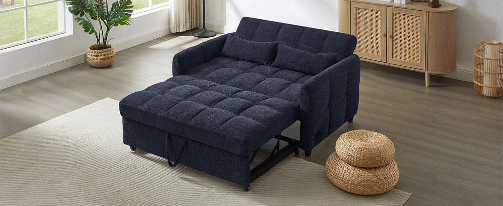 52.8 Loveseat Sofa Pull-out Sofa Bed Tufted Sleeper Sofa with an Adjustable Backrest, Three USB Ports and Two Lumbar Pillows for Living Room, Blue