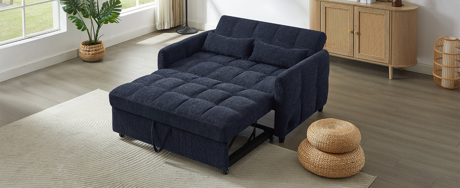 52.8 Loveseat Sofa Pull-out Sofa Bed Tufted Sleeper Sofa with an Adjustable Backrest, Three USB Ports and Two Lumbar Pillows for Living Room, Blue
