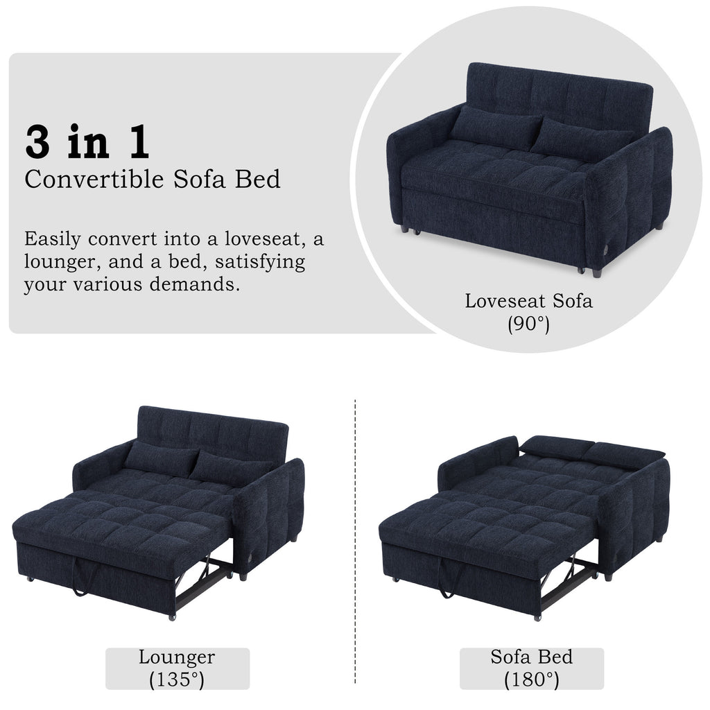 52.8 Loveseat Sofa Pull-out Sofa Bed Tufted Sleeper Sofa with an Adjustable Backrest, Three USB Ports and Two Lumbar Pillows for Living Room, Blue