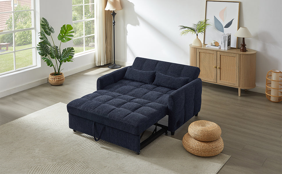 52.8 Loveseat Sofa Pull-out Sofa Bed Tufted Sleeper Sofa with an Adjustable Backrest, Three USB Ports and Two Lumbar Pillows for Living Room, Blue