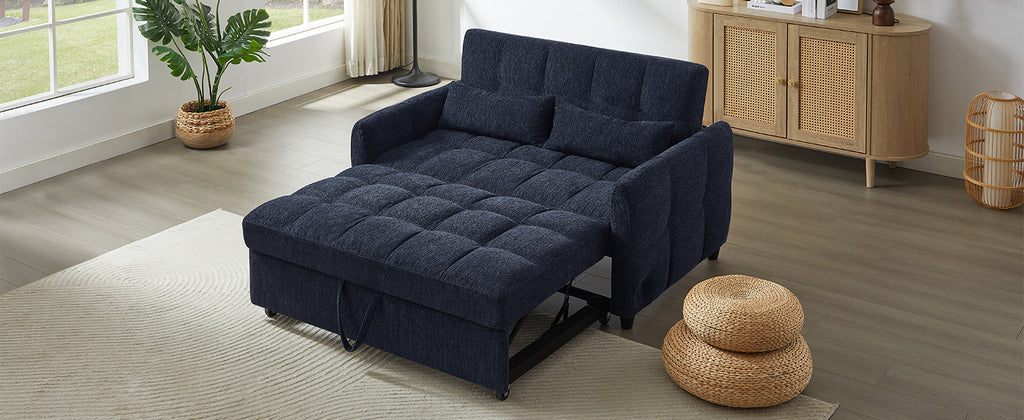 Blue Chenille Loveseat Sofa Bed with Adjustable Backrest