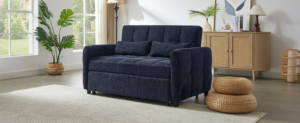Blue Chenille Loveseat Sofa Bed with Adjustable Backrest