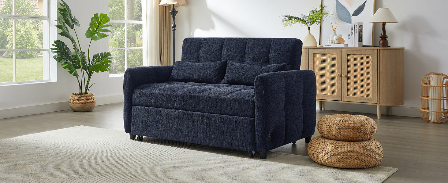 Blue Chenille Loveseat Sofa Bed with Adjustable Backrest