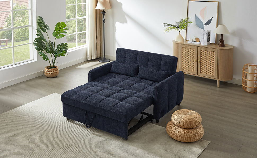 Blue Chenille Loveseat Sofa Bed with Adjustable Backrest