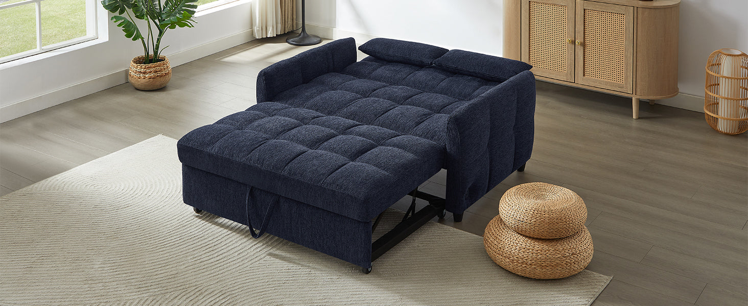 Blue Chenille Loveseat Sofa Bed with Adjustable Backrest