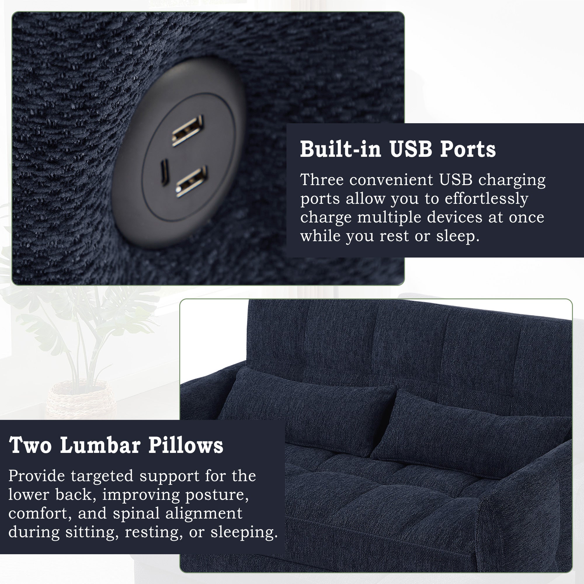52.8 Loveseat Sofa Pull-out Sofa Bed Tufted Sleeper Sofa with an Adjustable Backrest, Three USB Ports and Two Lumbar Pillows for Living Room, Blue