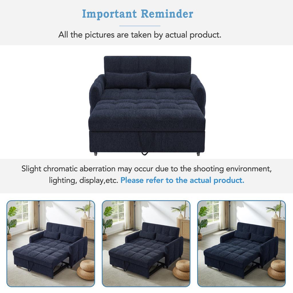 52.8 Loveseat Sofa Pull-out Sofa Bed Tufted Sleeper Sofa with an Adjustable Backrest, Three USB Ports and Two Lumbar Pillows for Living Room, Blue