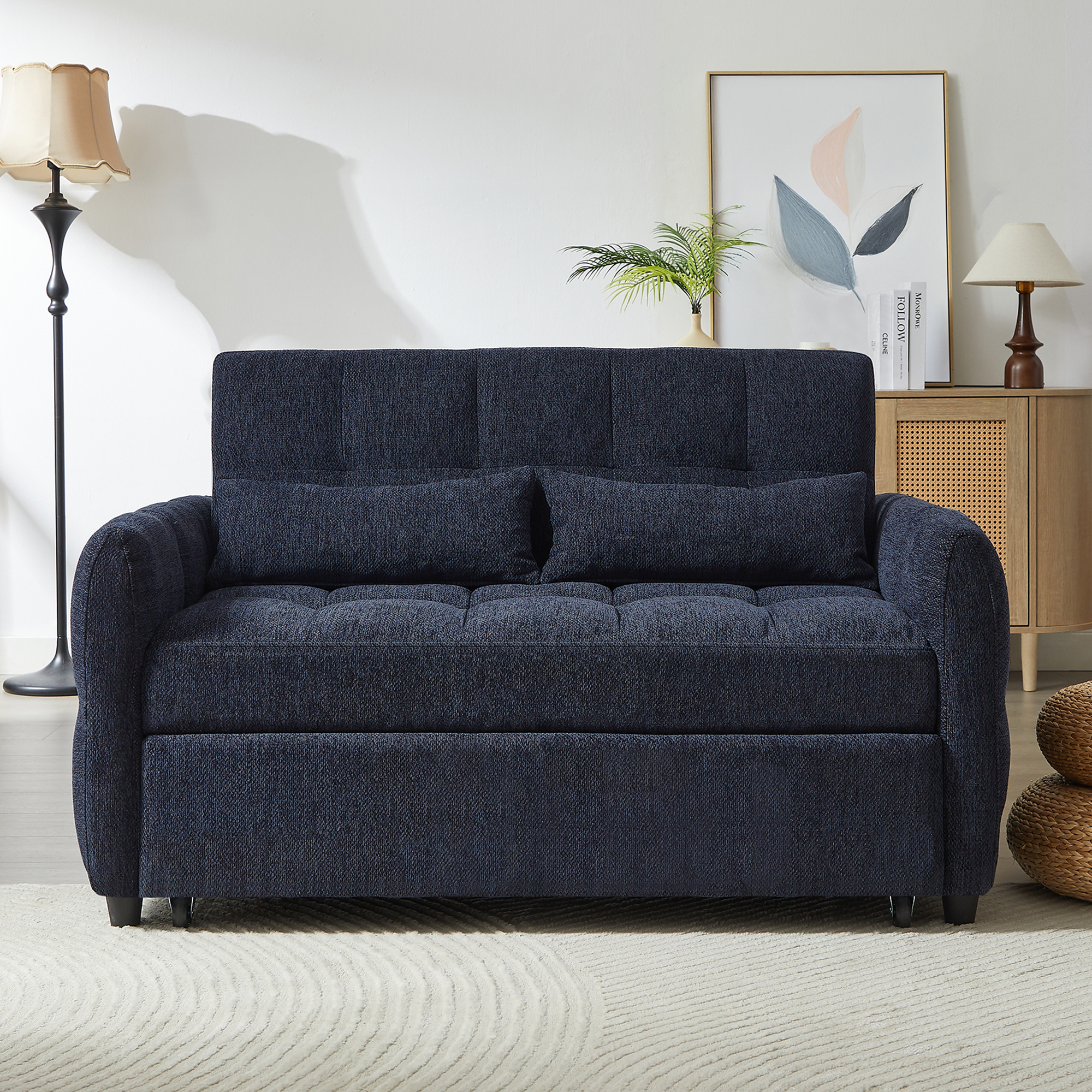 52.8 Loveseat Sofa Pull-out Sofa Bed Tufted Sleeper Sofa with an Adjustable Backrest, Three USB Ports and Two Lumbar Pillows for Living Room, Blue