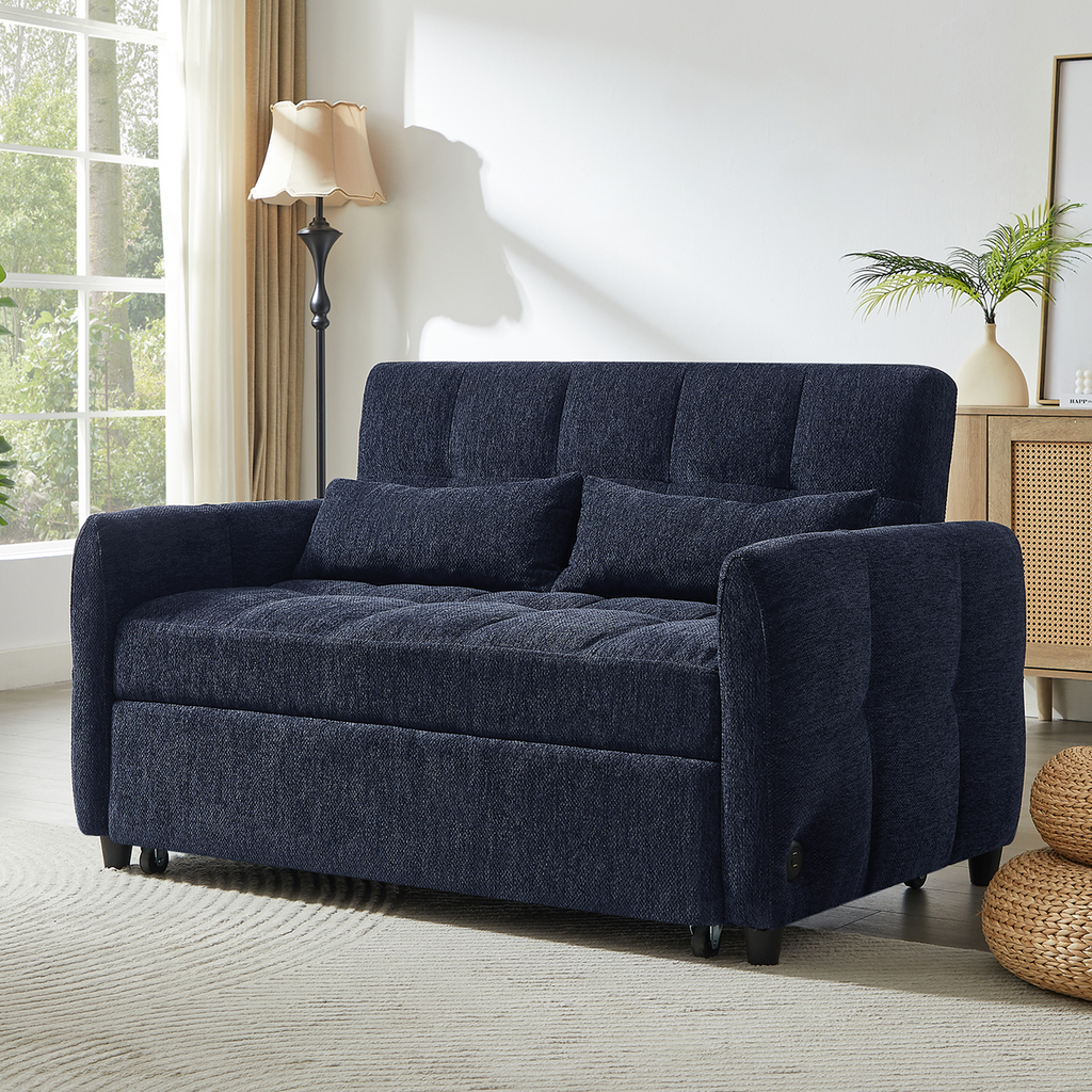 52.8 Loveseat Sofa Pull-out Sofa Bed Tufted Sleeper Sofa with an Adjustable Backrest, Three USB Ports and Two Lumbar Pillows for Living Room, Blue