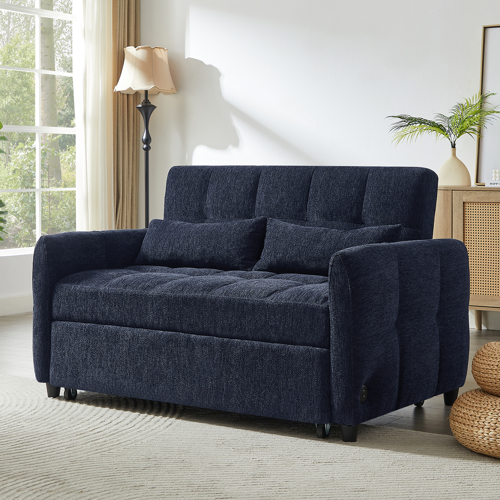 52.8 Loveseat Sofa Pull-out Sofa Bed Tufted Sleeper Sofa with an Adjustable Backrest, Three USB Ports and Two Lumbar Pillows for Living Room, Blue
