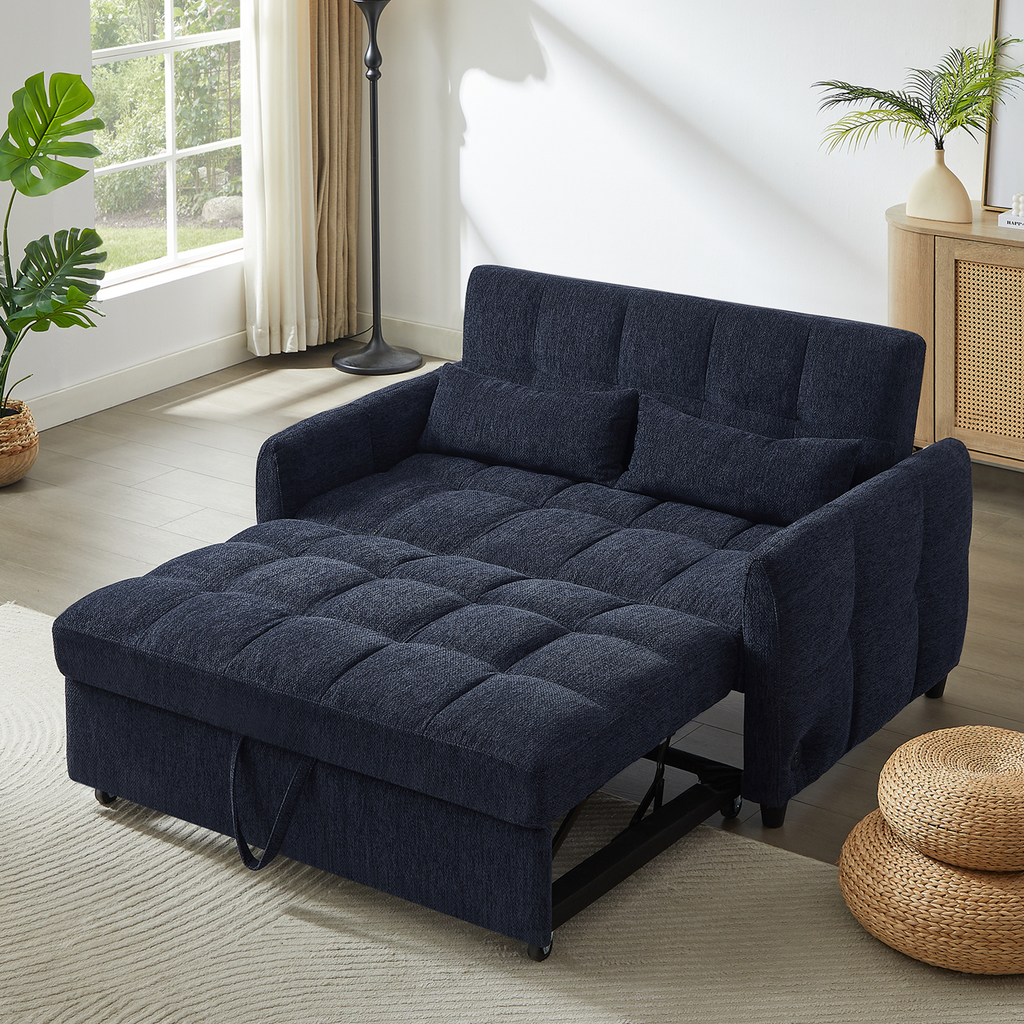 52.8 Loveseat Sofa Pull-out Sofa Bed Tufted Sleeper Sofa with an Adjustable Backrest, Three USB Ports and Two Lumbar Pillows for Living Room, Blue