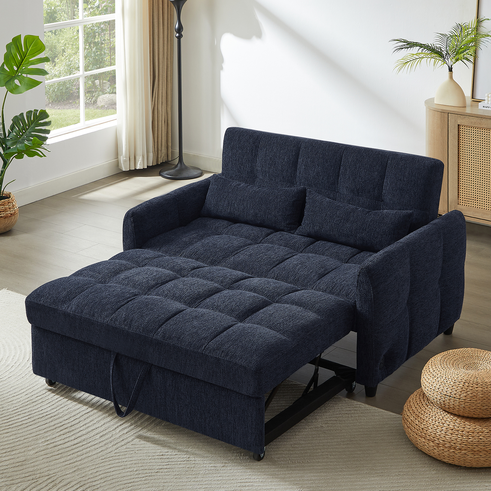 52.8 Loveseat Sofa Pull-out Sofa Bed Tufted Sleeper Sofa with an Adjustable Backrest, Three USB Ports and Two Lumbar Pillows for Living Room, Blue
