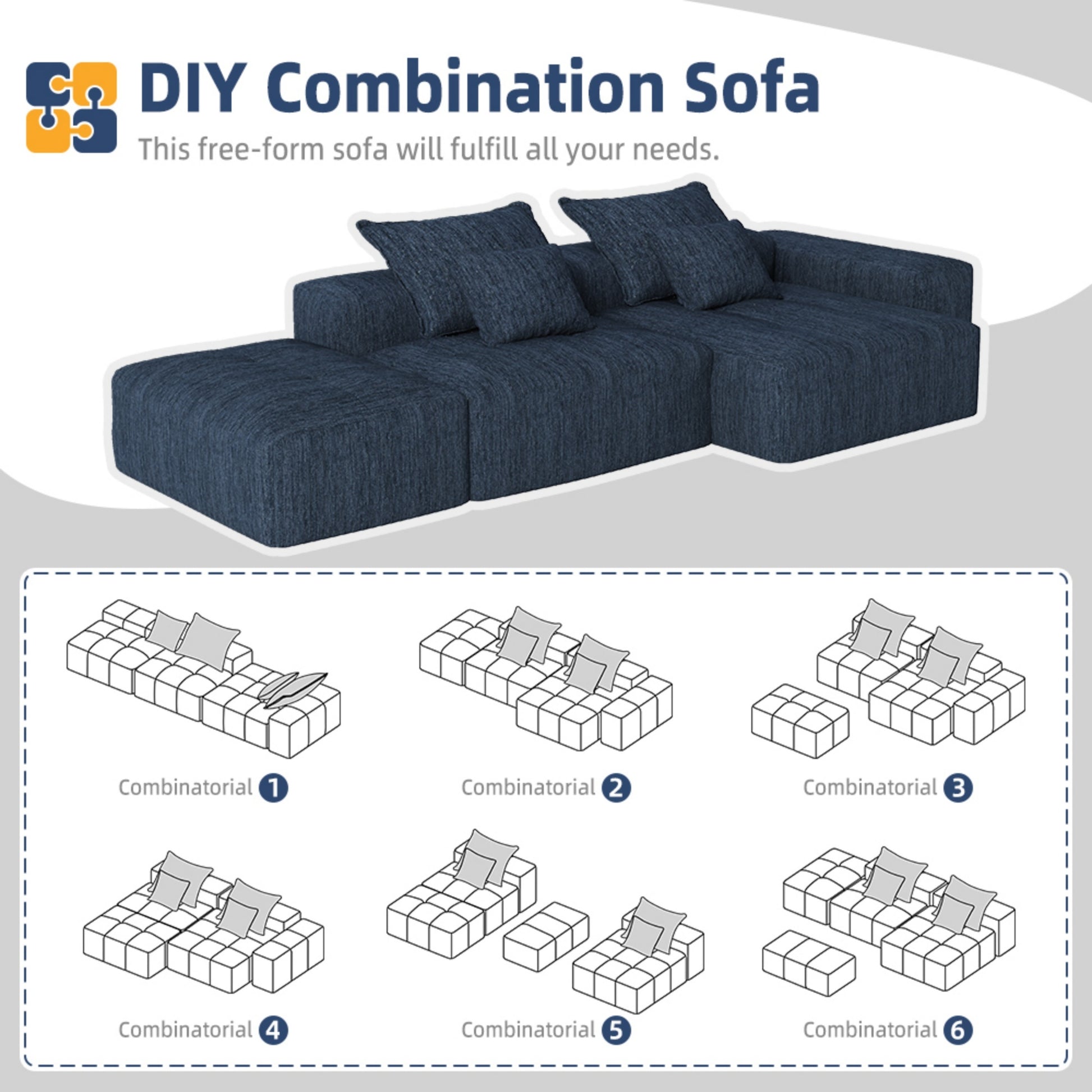 Modern Oversized Modular Sectional Sofa with Ottoman,seat,chaise lounge and armrest,Sparkling Chenille Fabric Soft Cushion Sofa with 4 Pillows,4 PCS DIY Combination Tufted Sofa,No Assembly Required