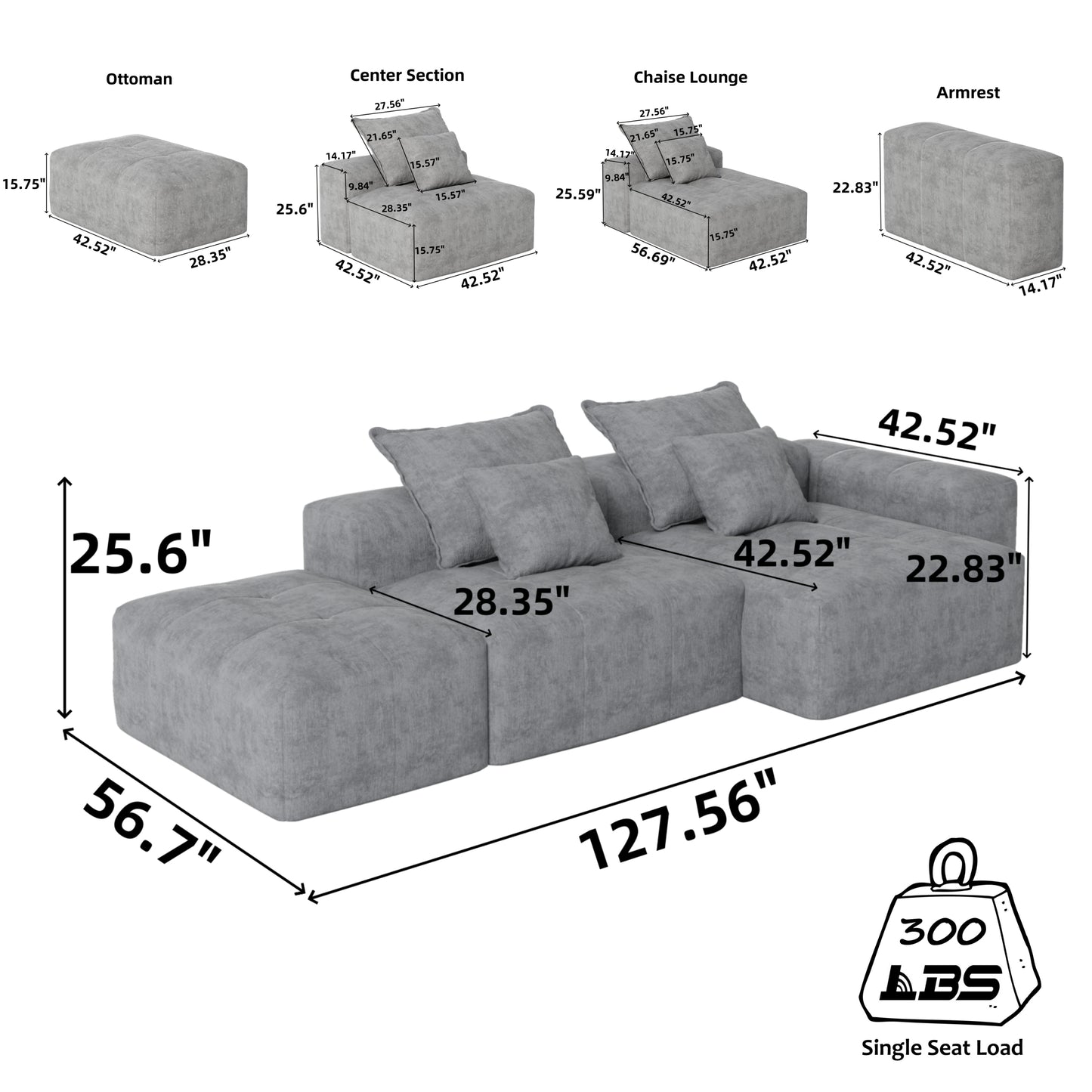 Modern Oversized Modular Sectional Sofa with Ottoman,seat,chaise lounge and armrest,Sparkling Chenille Fabric Soft Cushion Sofa with 4 Pillows,4 PCS DIY Combination Tufted Sofa,No Assembly Required