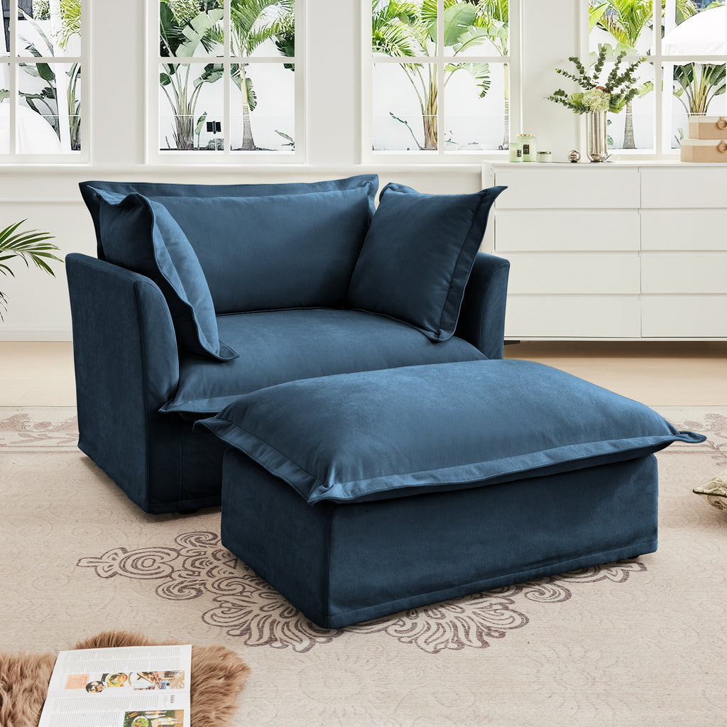 Upholstered Slipcovered Armchair with Ottoman, Deep Seat Armchair W/ Wide Ottoman for Living Room, Armchair Sets with Large Soft Pillows(Set of 2),Chenille Fabric,Blue