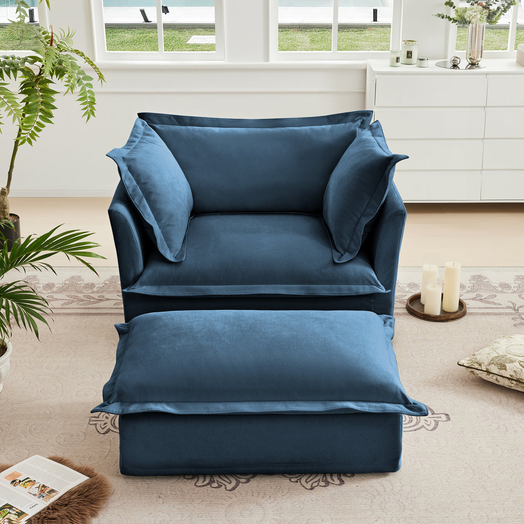 Upholstered Slipcovered Armchair with Ottoman, Deep Seat Armchair W/ Wide Ottoman for Living Room, Armchair Sets with Large Soft Pillows(Set of 2),Chenille Fabric,Blue