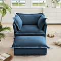 Upholstered Slipcovered Armchair with Ottoman, Deep Seat Armchair W/ Wide Ottoman for Living Room, Armchair Sets with Large Soft Pillows(Set of 2),Chenille Fabric,Blue