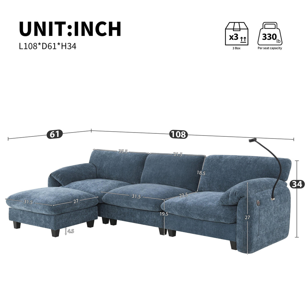 Blue Gray Chenille L-Shaped Modular Sectional Sofa.