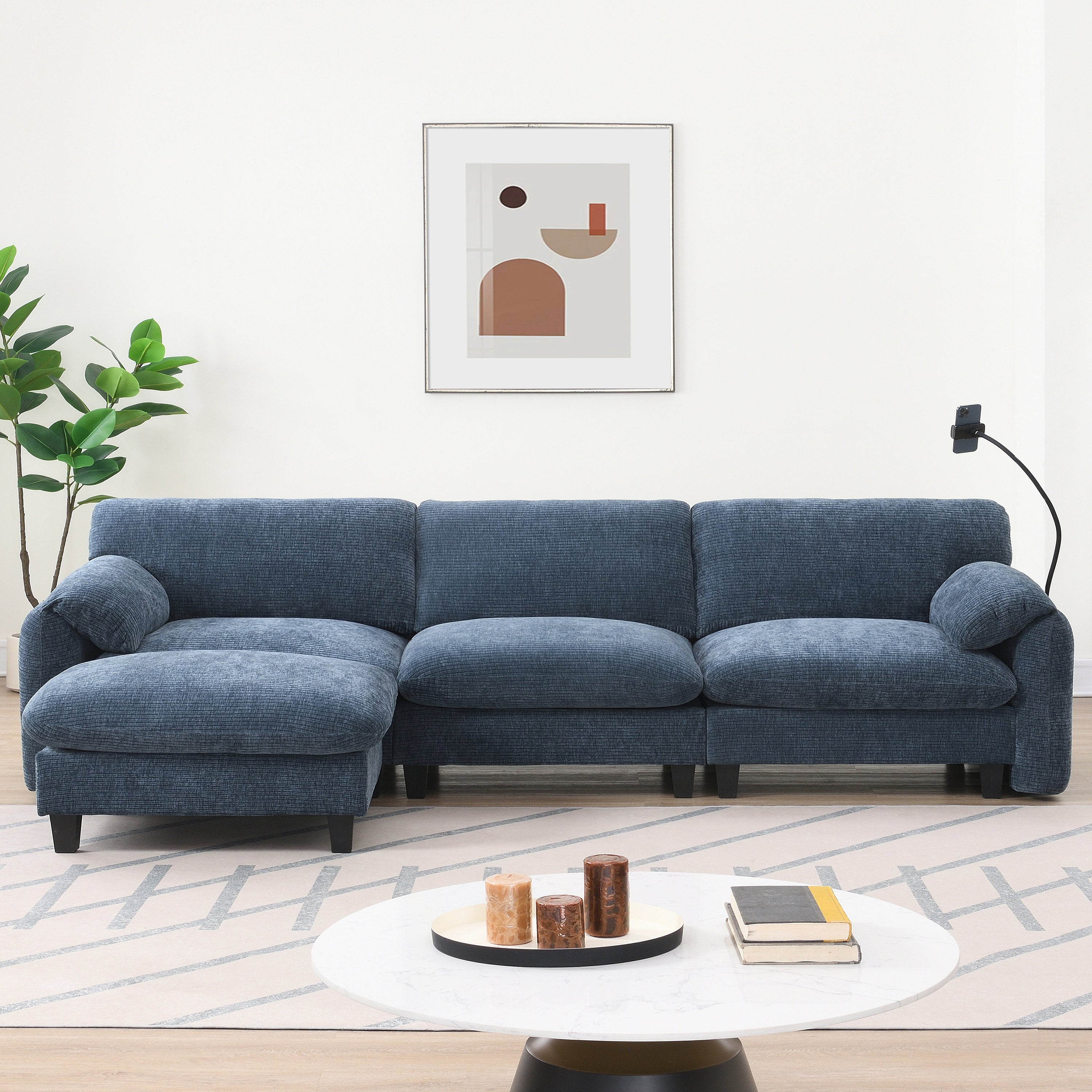 [VIDEO Provided] 108' Modular Sectional Sofa, L-Shape with 31.5' Extra-Wide Seat Cushion, USB and Type-C Charger, Phone Holder and 2 Side Storage Pockets, Free Movement Ottoman, Striped Chenille