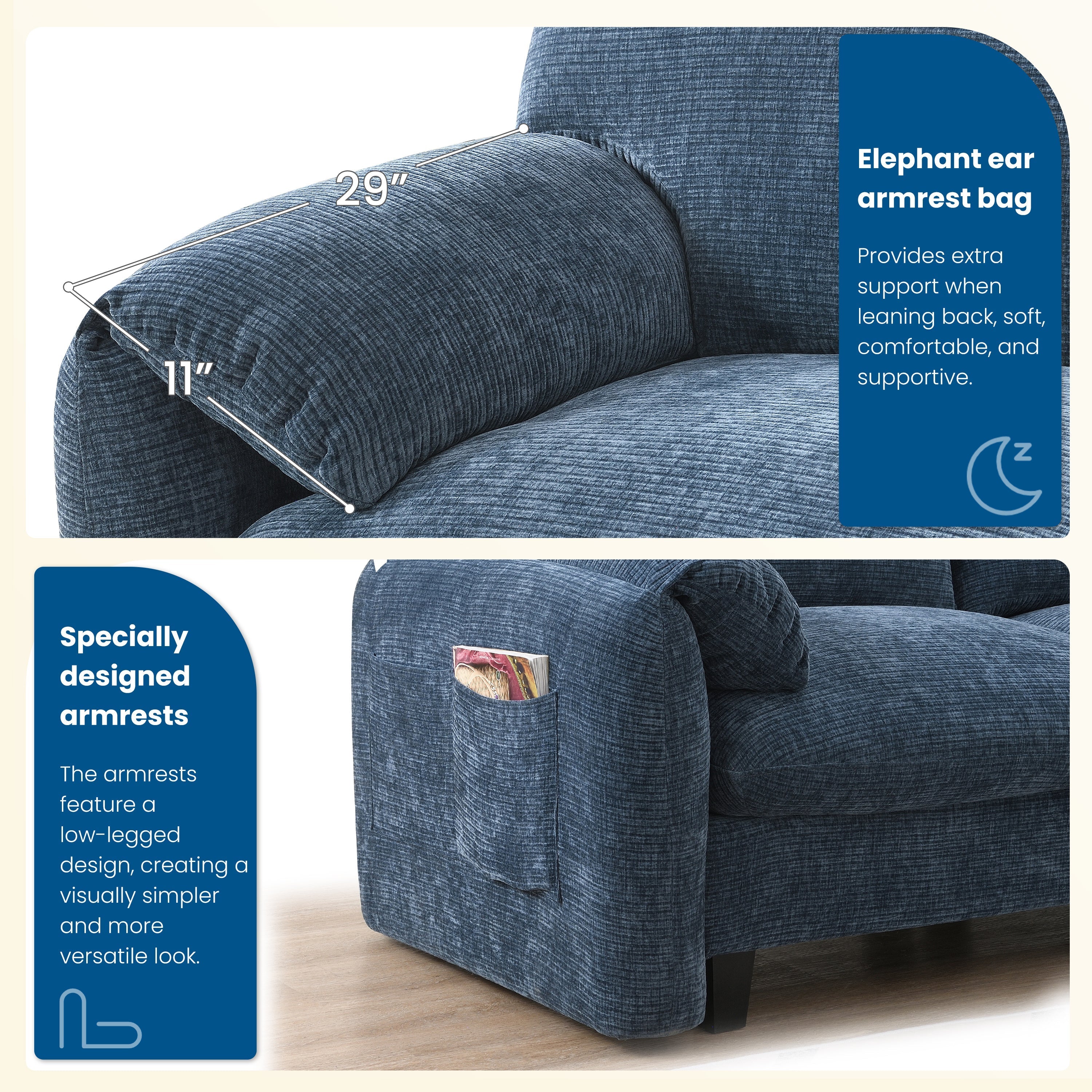 [VIDEO Provided] 108' Modular Sectional Sofa, L-Shape with 31.5' Extra-Wide Seat Cushion, USB and Type-C Charger, Phone Holder and 2 Side Storage Pockets, Free Movement Ottoman, Striped Chenille