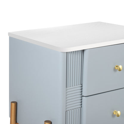 Modern Nightstand with 2 Storage Drawer, Fluted Bedside Table with Golden Metal Handles and Legs, End Table for Living Room and Bedroom, Easy Assembly, Blue