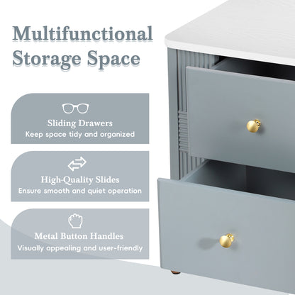 Modern Nightstand with 2 Storage Drawer, Fluted Bedside Table with Golden Metal Handles and Legs, End Table for Living Room and Bedroom, Easy Assembly, Blue