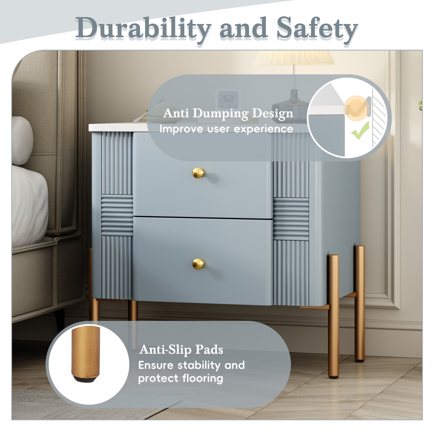 Modern Nightstand with 2 Storage Drawer, Fluted Bedside Table with Golden Metal Handles and Legs, End Table for Living Room and Bedroom, Easy Assembly, Blue