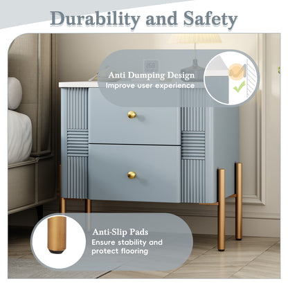 Modern Nightstand with 2 Storage Drawer, Fluted Bedside Table with Golden Metal Handles and Legs, End Table for Living Room and Bedroom, Easy Assembly, Blue