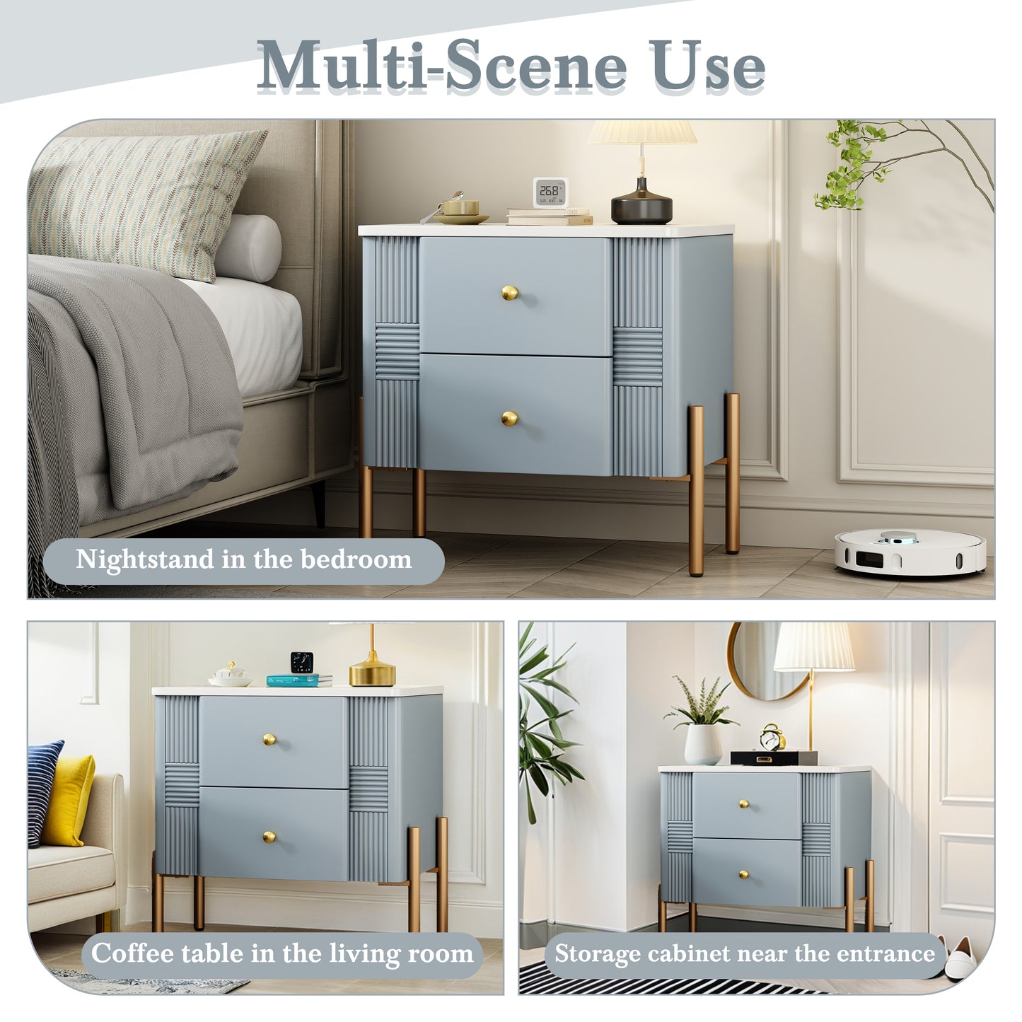 Modern Nightstand with 2 Storage Drawer, Fluted Bedside Table with Golden Metal Handles and Legs, End Table for Living Room and Bedroom, Easy Assembly, Blue