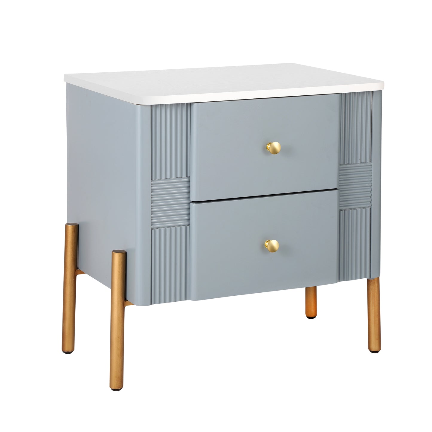 Modern Nightstand with 2 Storage Drawer, Fluted Bedside Table with Golden Metal Handles and Legs, End Table for Living Room and Bedroom, Easy Assembly, Blue