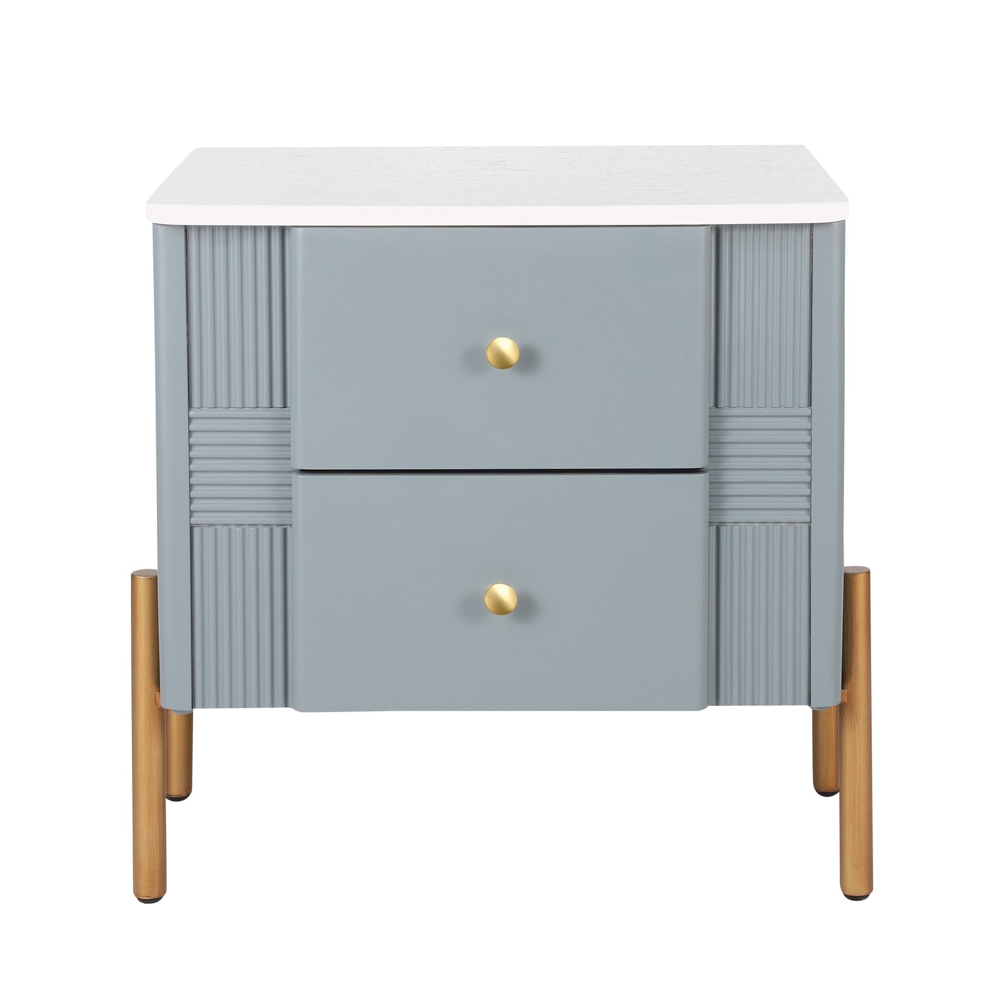Modern Nightstand with 2 Storage Drawer, Fluted Bedside Table with Golden Metal Handles and Legs, End Table for Living Room and Bedroom, Easy Assembly, Blue