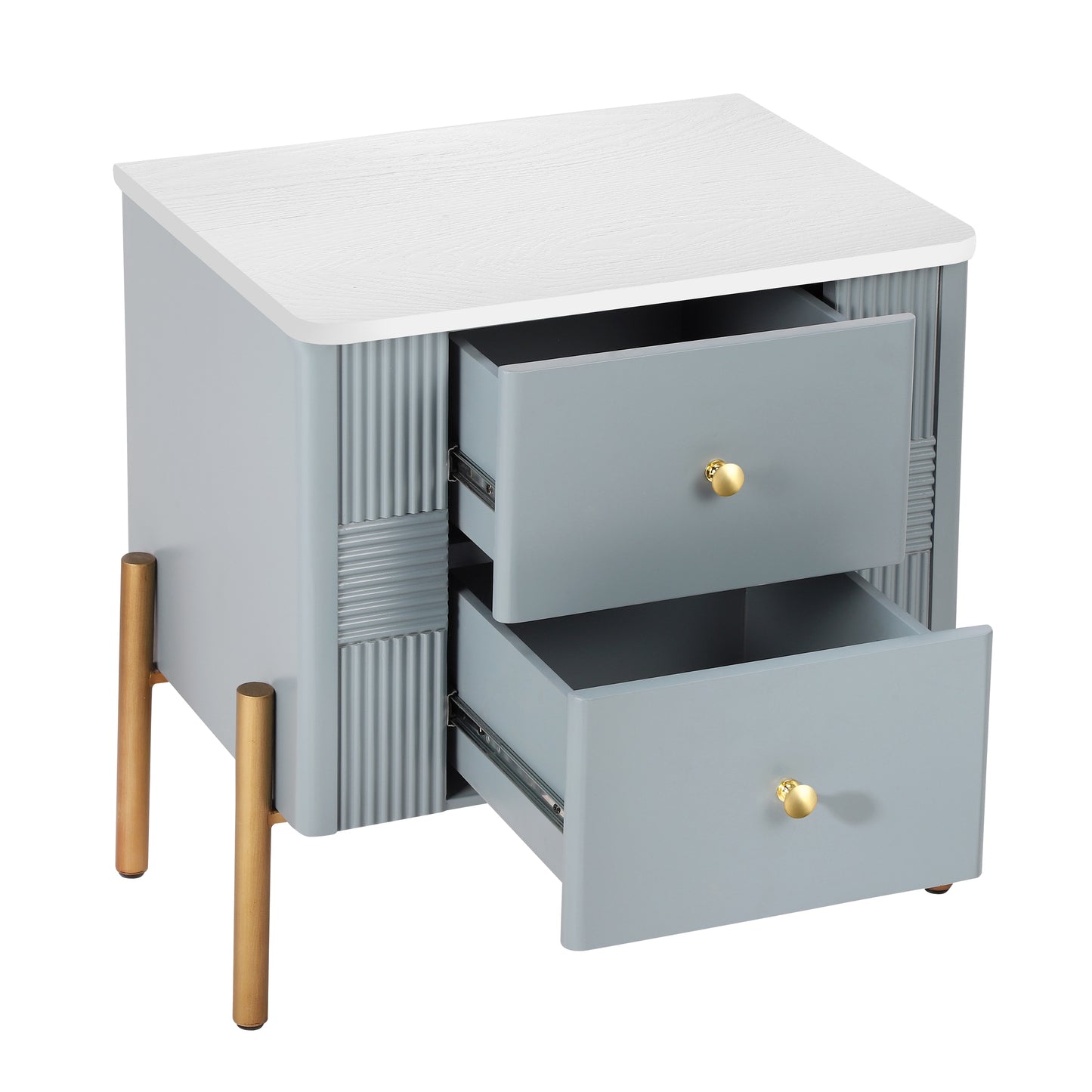 Modern Nightstand with 2 Storage Drawer, Fluted Bedside Table with Golden Metal Handles and Legs, End Table for Living Room and Bedroom, Easy Assembly, Blue