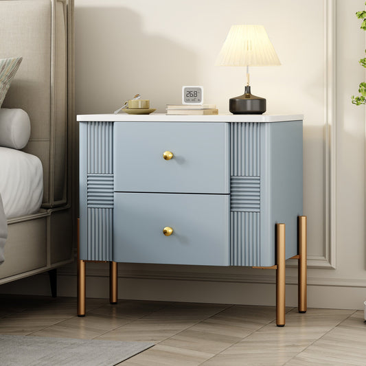 Modern Nightstand with 2 Storage Drawer, Fluted Bedside Table with Golden Metal Handles and Legs, End Table for Living Room and Bedroom, Easy Assembly, Blue