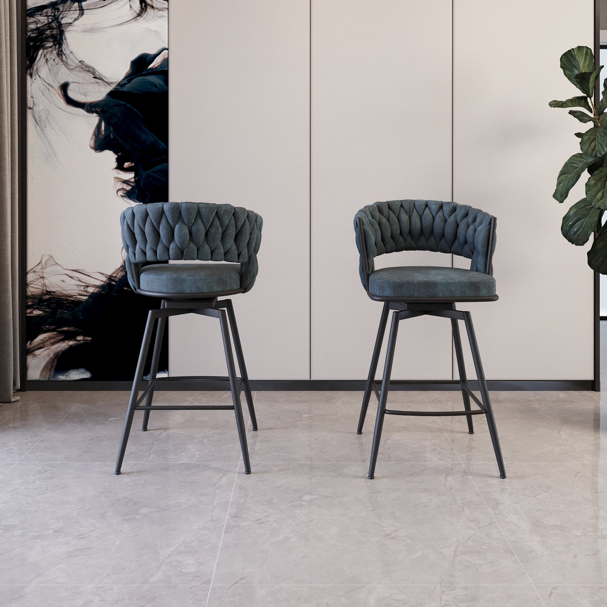 26 Bar Chair Suede Woven Bar Stool Set of 4,Black legs Barstools No Adjustable Kitchen Island Chairs,360 Swivel Bar Stools Upholstered Bar Chair Counter Stool Arm Chairs with Back Footrest (Blue)