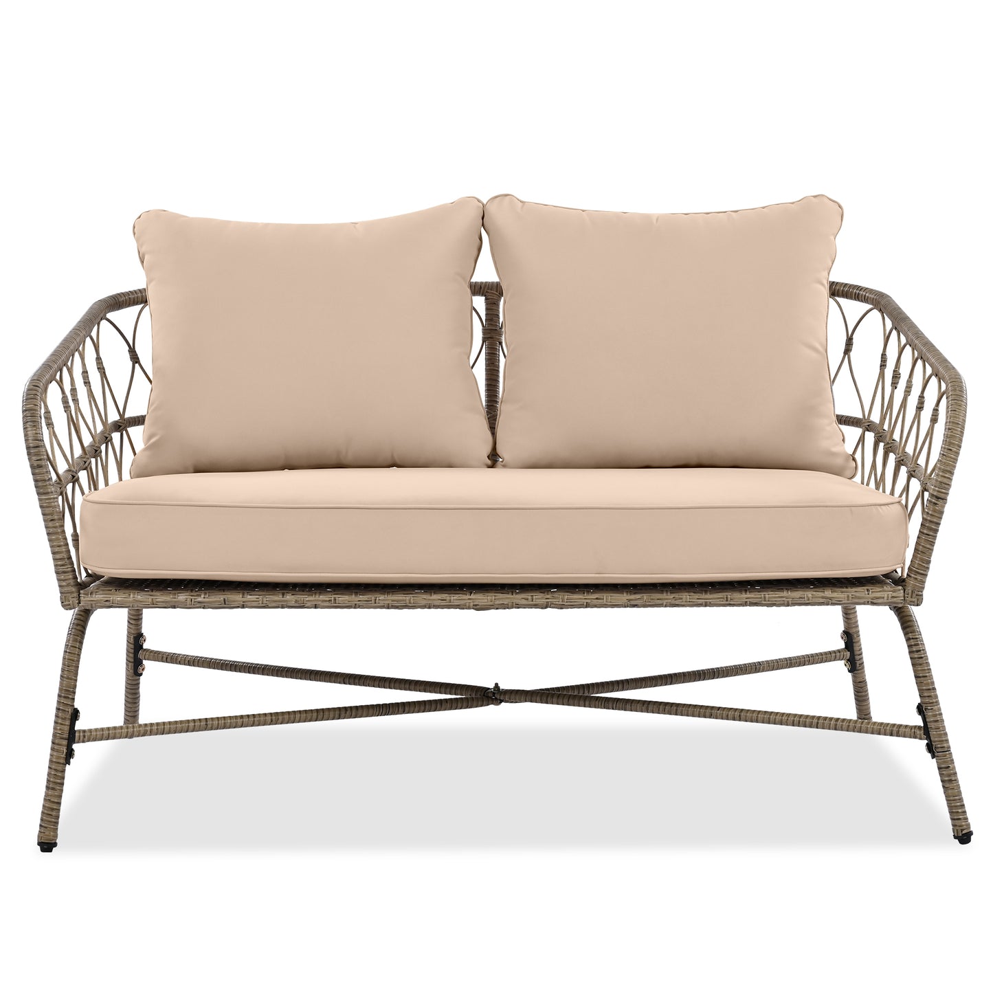 GO Bohemia-inspired 4-Person Outdoor Seating Group With Removable Cushions, Conversation Patio Set With Wood Tabletop, Beige - Groovy Boardz