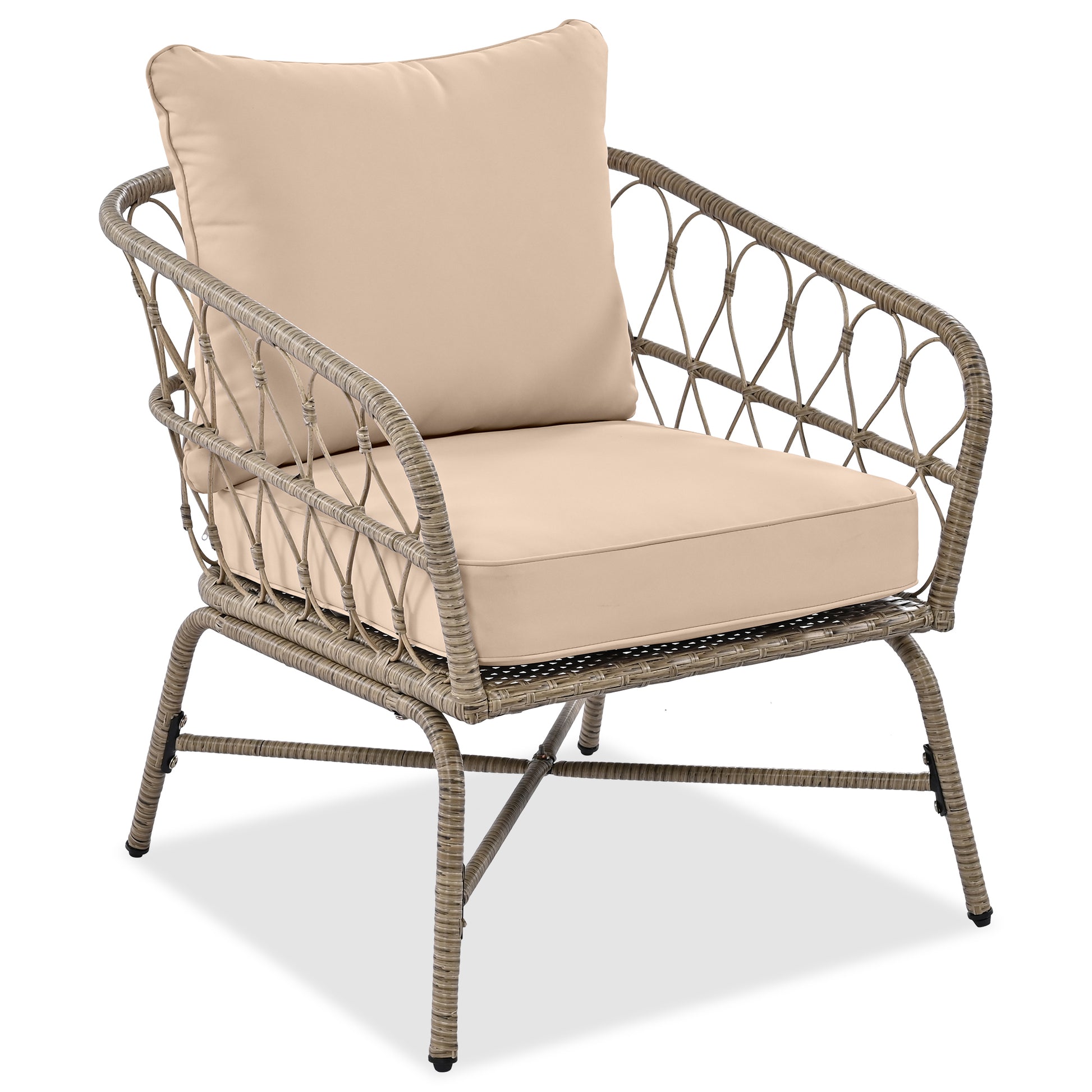 GO Bohemia-inspired 4-Person Outdoor Seating Group With Removable Cushions, Conversation Patio Set With Wood Tabletop, Beige - Groovy Boardz