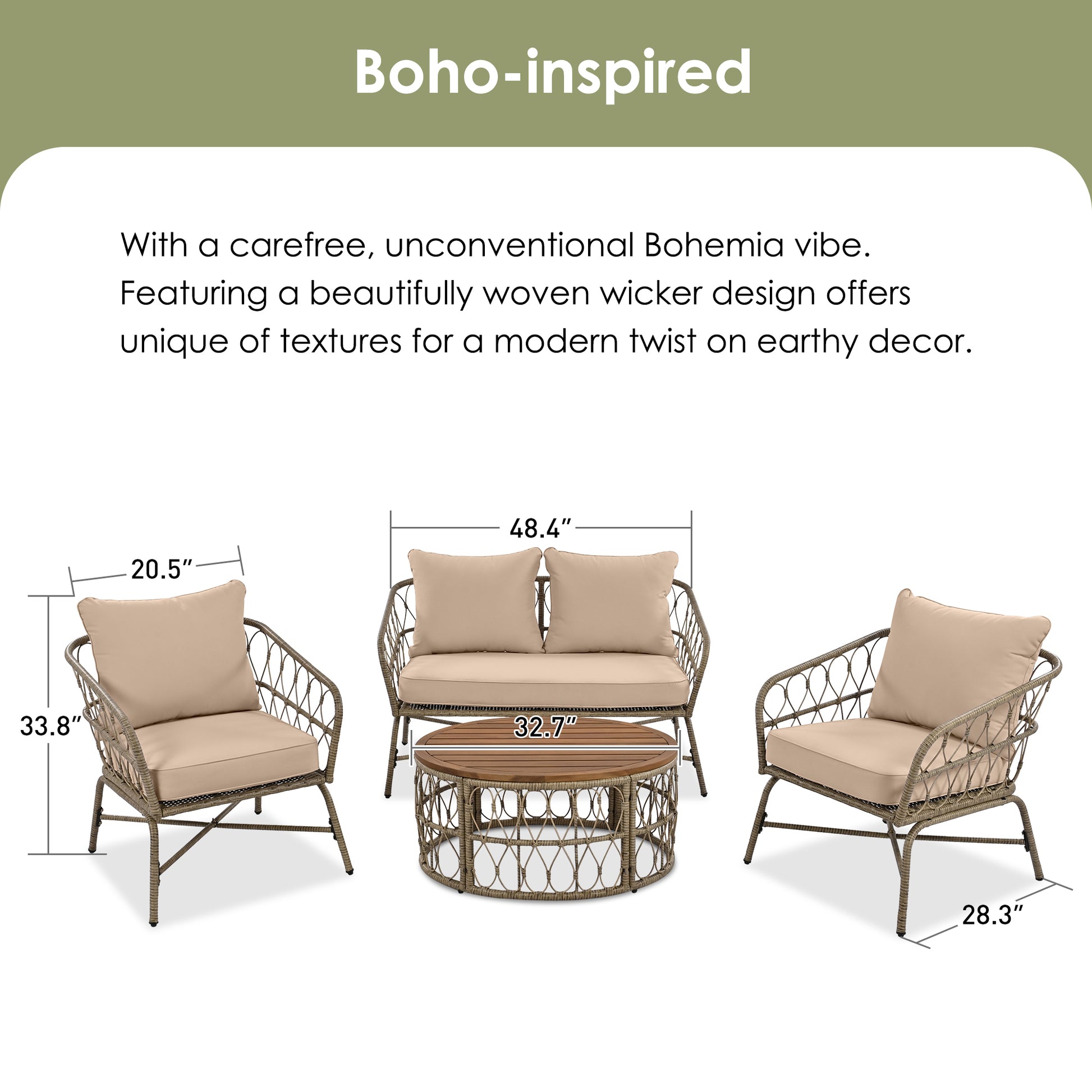 GO Bohemia-inspired 4-Person Outdoor Seating Group With Removable Cushions, Conversation Patio Set With Wood Tabletop, Beige - Groovy Boardz