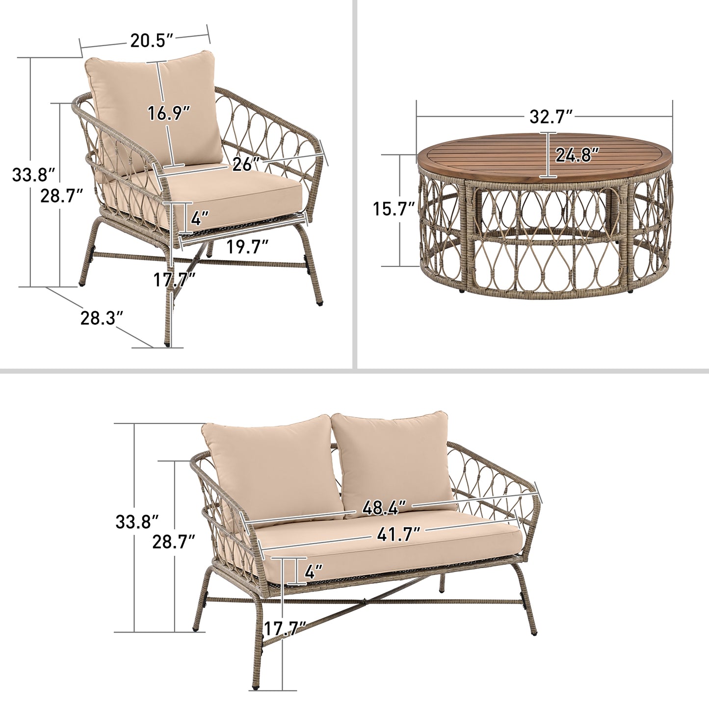 GO Bohemia-inspired 4-Person Outdoor Seating Group With Removable Cushions, Conversation Patio Set With Wood Tabletop, Beige - Groovy Boardz