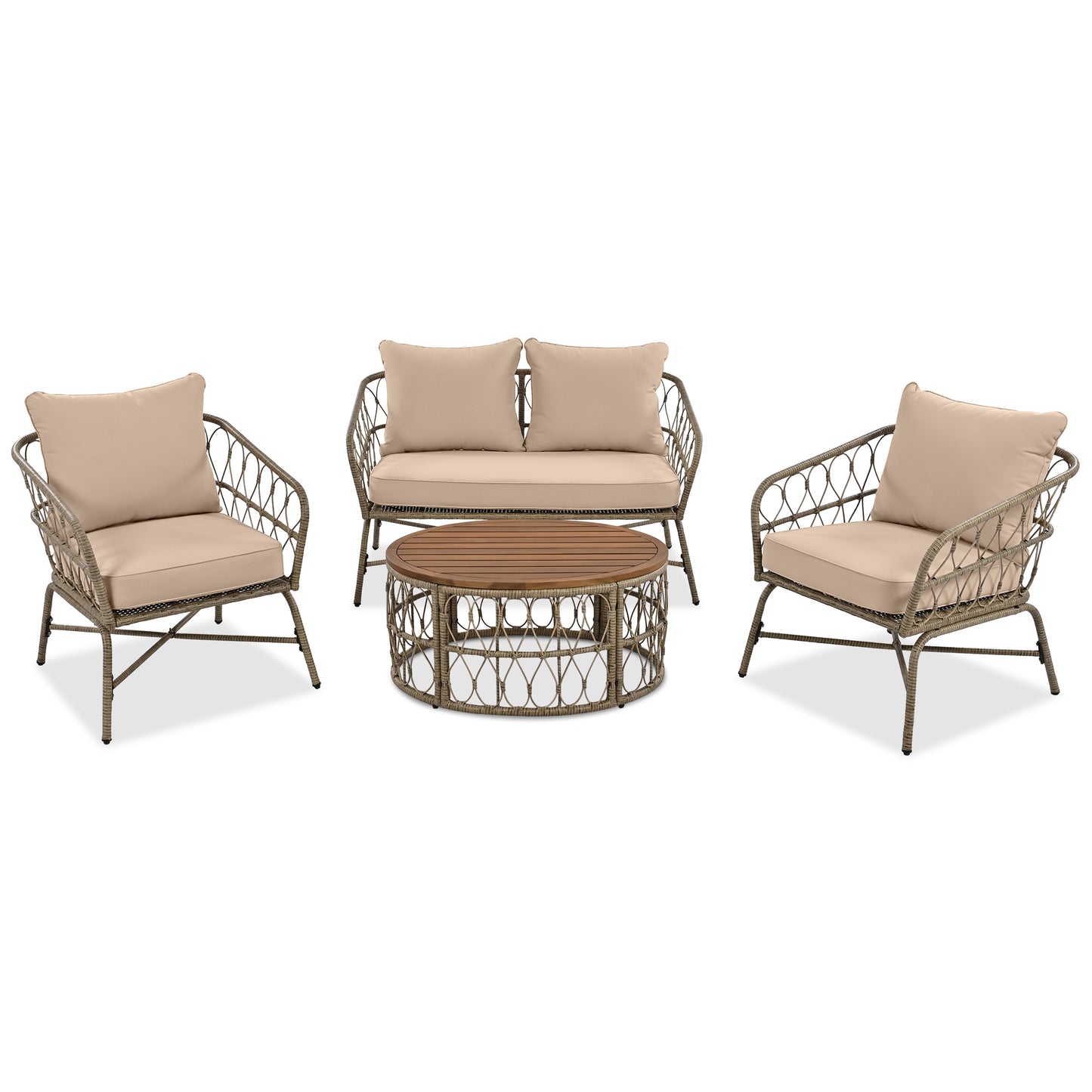 GO Bohemia-inspired 4-Person Outdoor Seating Group With Removable Cushions, Conversation Patio Set With Wood Tabletop, Beige - Groovy Boardz