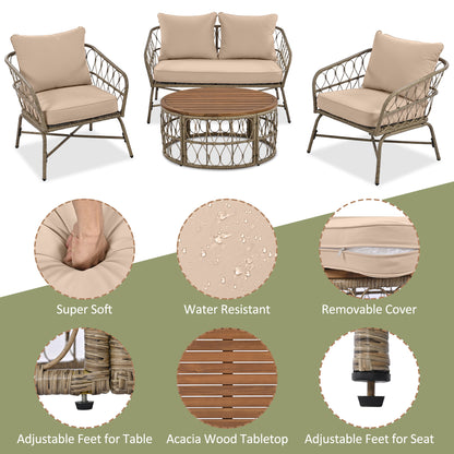 GO Bohemia-inspired 4-Person Outdoor Seating Group With Removable Cushions, Conversation Patio Set With Wood Tabletop, Beige - Groovy Boardz