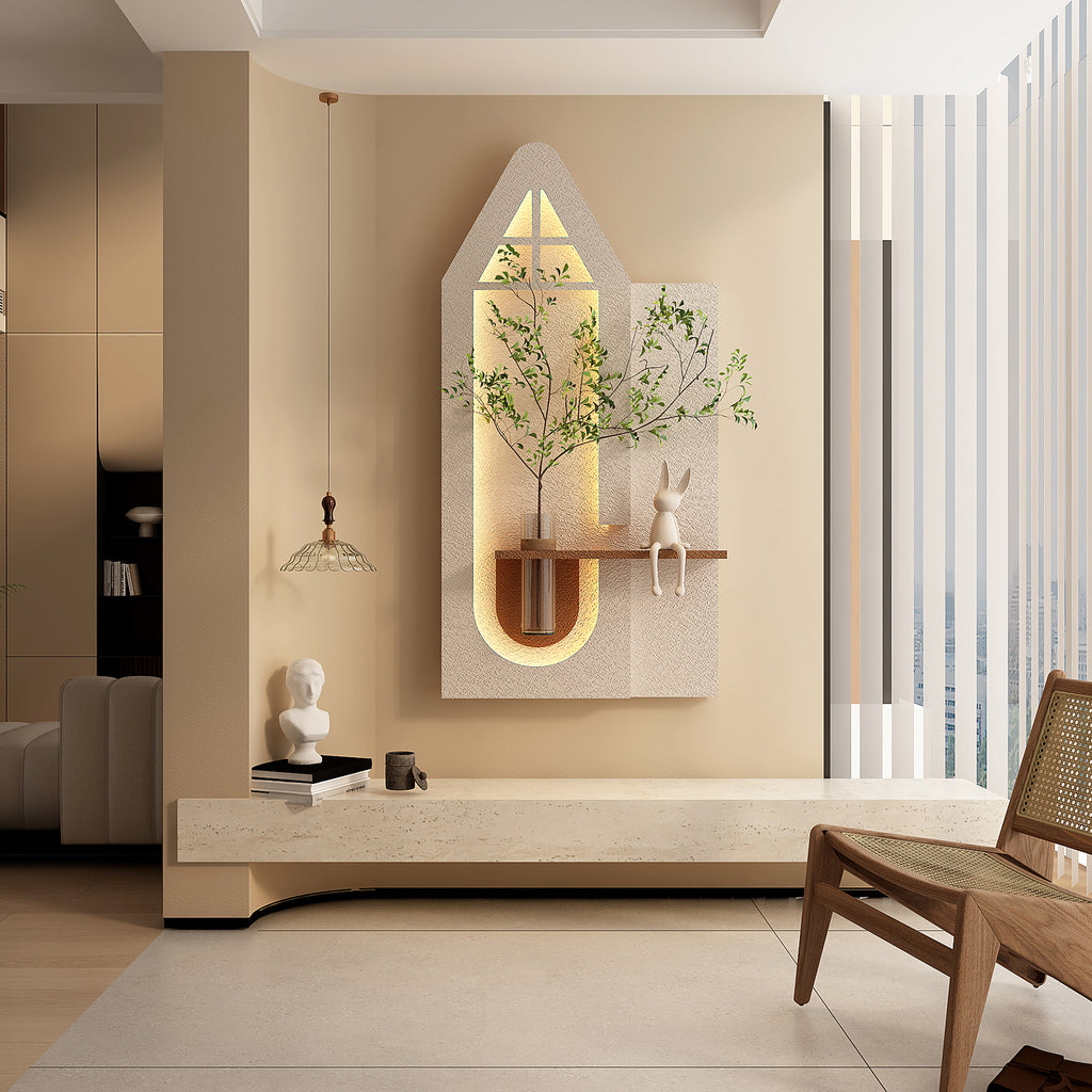 BotaniBeam Adjustable 3-Color LED Sandstone Wall Decor with Simulated Plants - 3D Art Sculpture, Glass Vase & Remote Control Light