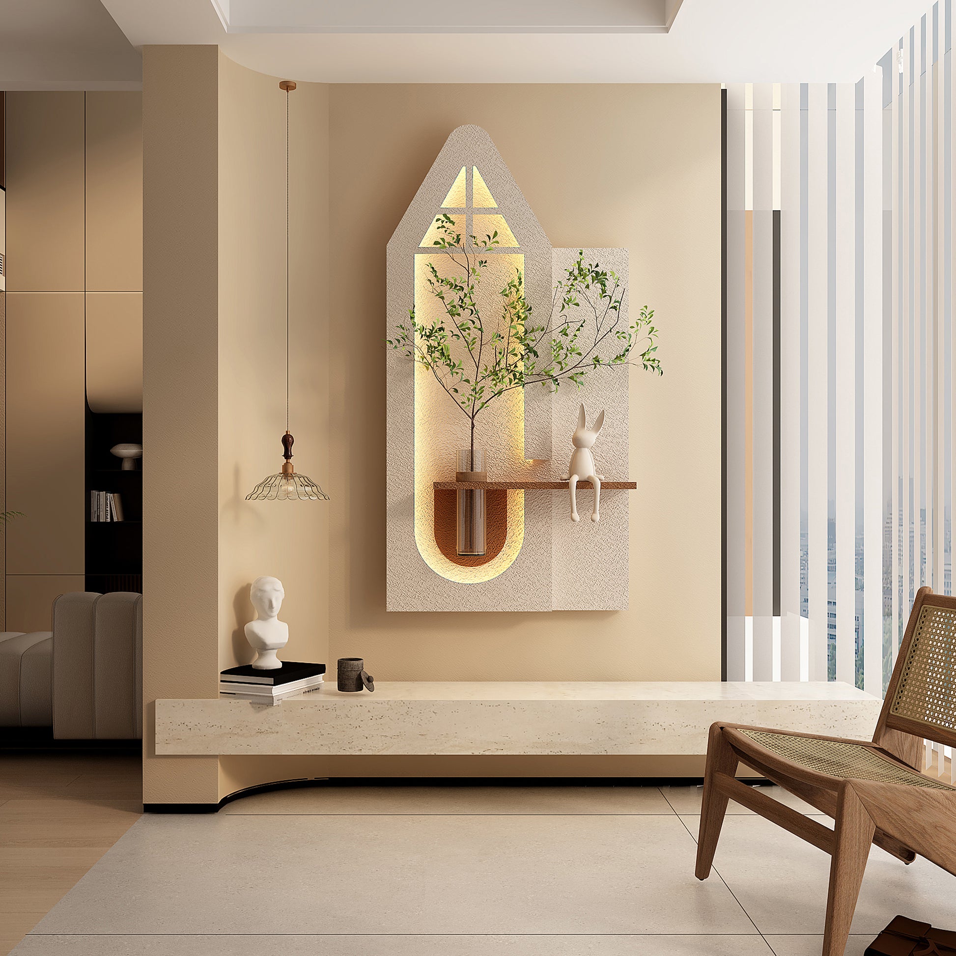 BotaniBeam Adjustable 3-Color LED Sandstone Wall Decor with Simulated Plants - 3D Art Sculpture, Glass Vase & Remote Control Light