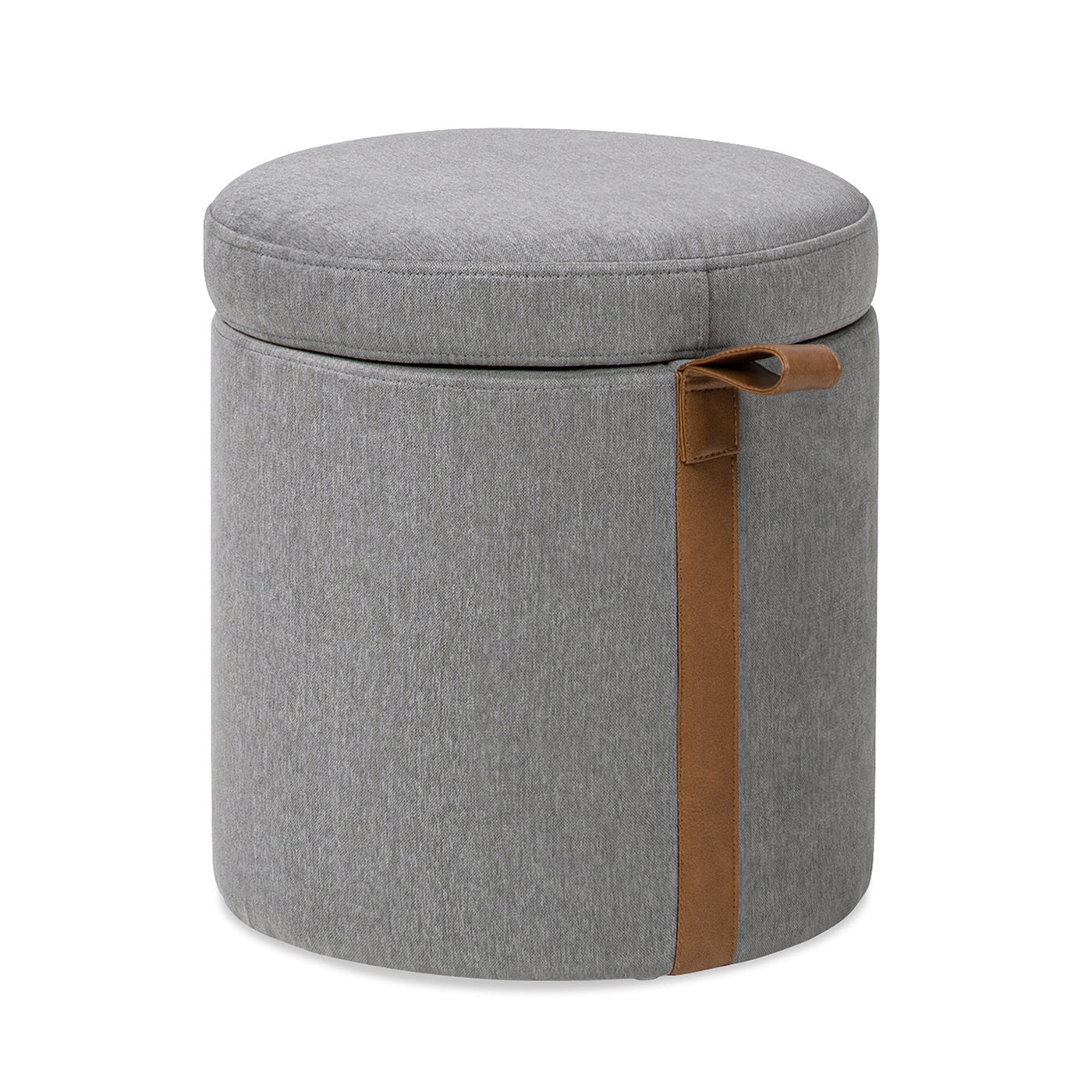 Brandy 14' Round Upholstered Storage Ottoman with Leather Accent, Uptown Gray